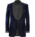 HERO CONSUME KINGSMAN BLUE VELVET SMOKING JACKET WITH SILK-GROSGRAIN SHAWL-COLLAR
